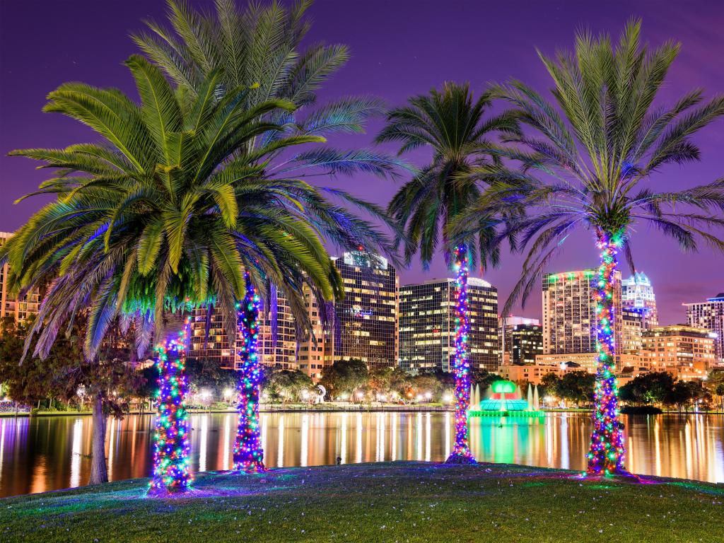Orlando, Florida, USA downtown skyline at Eola Lake at night with palm trees lit up in the foreground. 