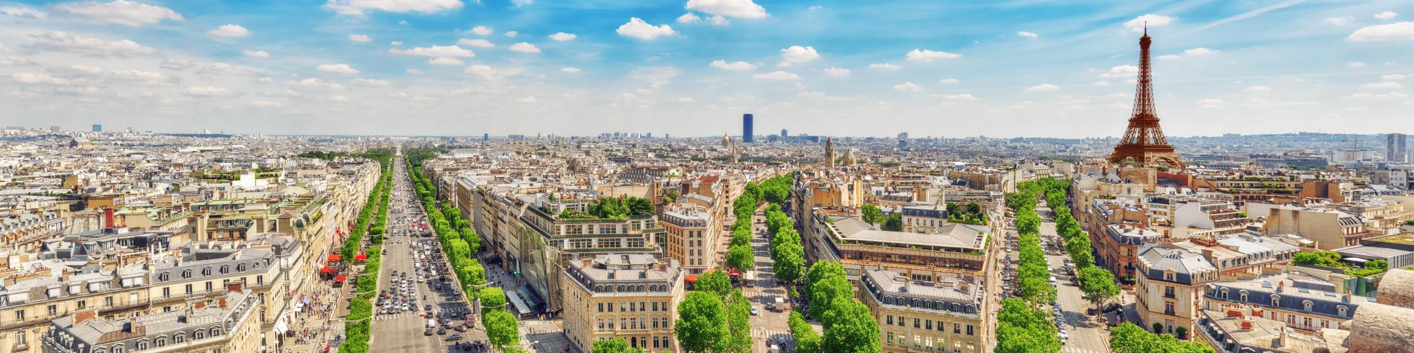 Beautiful panoramic view of Paris from the roof of the Triumphal Arch. Champs Elysees and the Eiffel Tower.