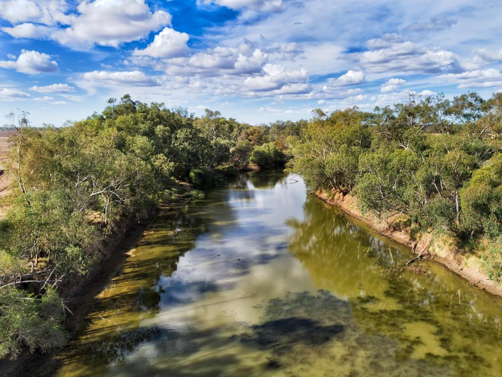 Narrabri, Australia with a view of a small lazy fresh water Gwydir river in Narrabri shire around Moree town with gumtrees growing on shores under blue sky in arid climate of Australian outback.