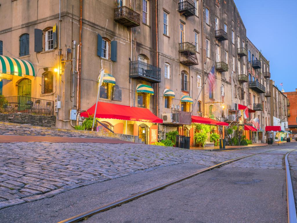 Shops and restaurants at River Street in downtown Savannah in Georgia USA.