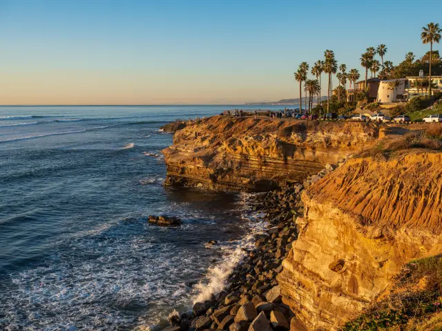 Rugged cliffs during a golden sunset in San Diego, overlooking the ocean