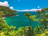 Looking out to the Pacific Ocean at Honomanu, a small and quiet black pebbled beach off the Hana Highway, Hawaii, United States.