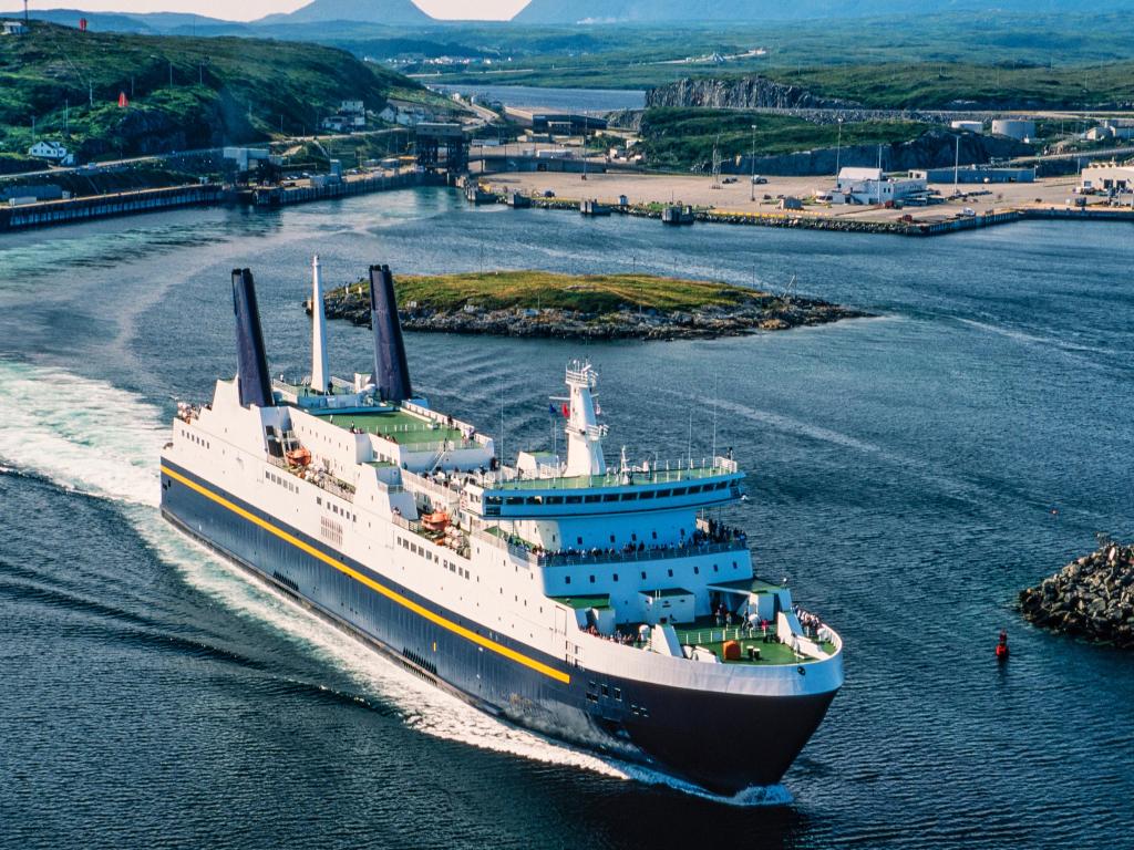 Aerial image of ferry leaving Port aux Basques, Newfoundland, Canada.