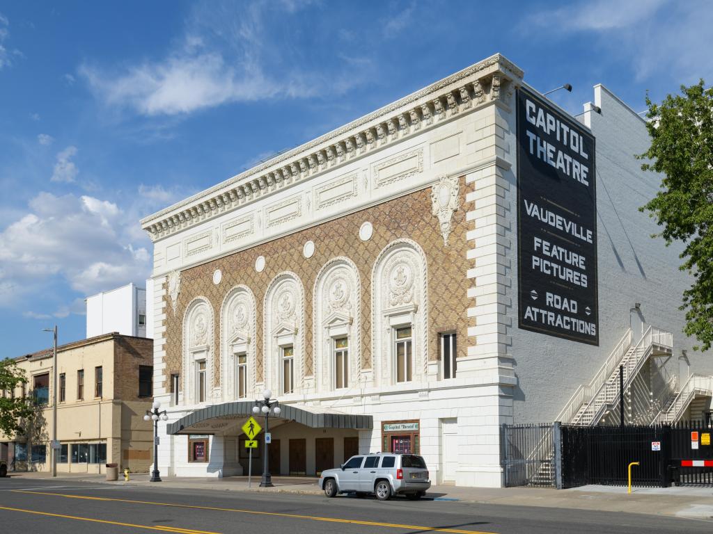 Capitol Theatre's facade in downtown Yakima on a sunny day