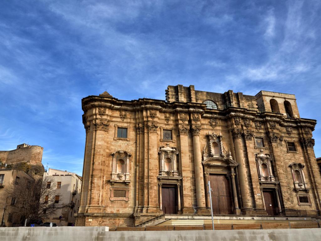 Cathedral of Tortosa, Catalonia, Spain with the view of the cathedral in the medieval town on Ebro river.