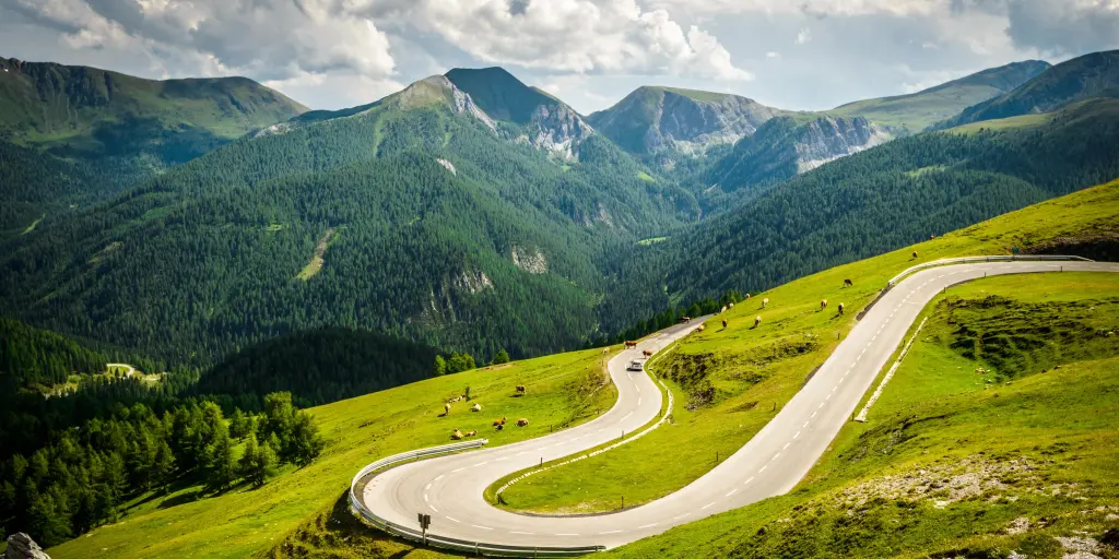 Winding Nockalm Road, Austria with green grass and cattle grazing 