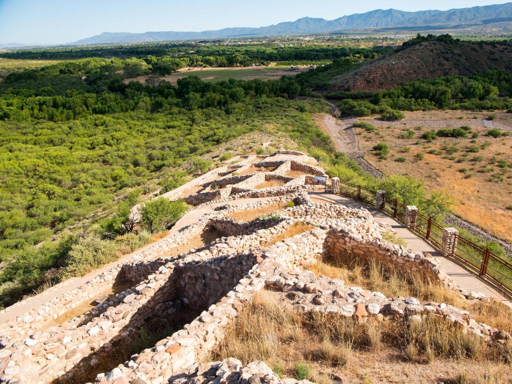Ruins of the Tuzigoot National Monument on top of a small sandstone ridge