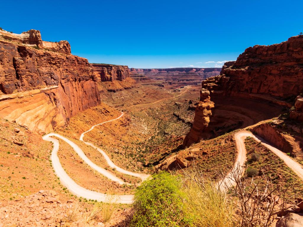 Aerial view of winding Shafer Trail, which leads through the rugged and hilly landscape, Canyonlands National Park, Utah