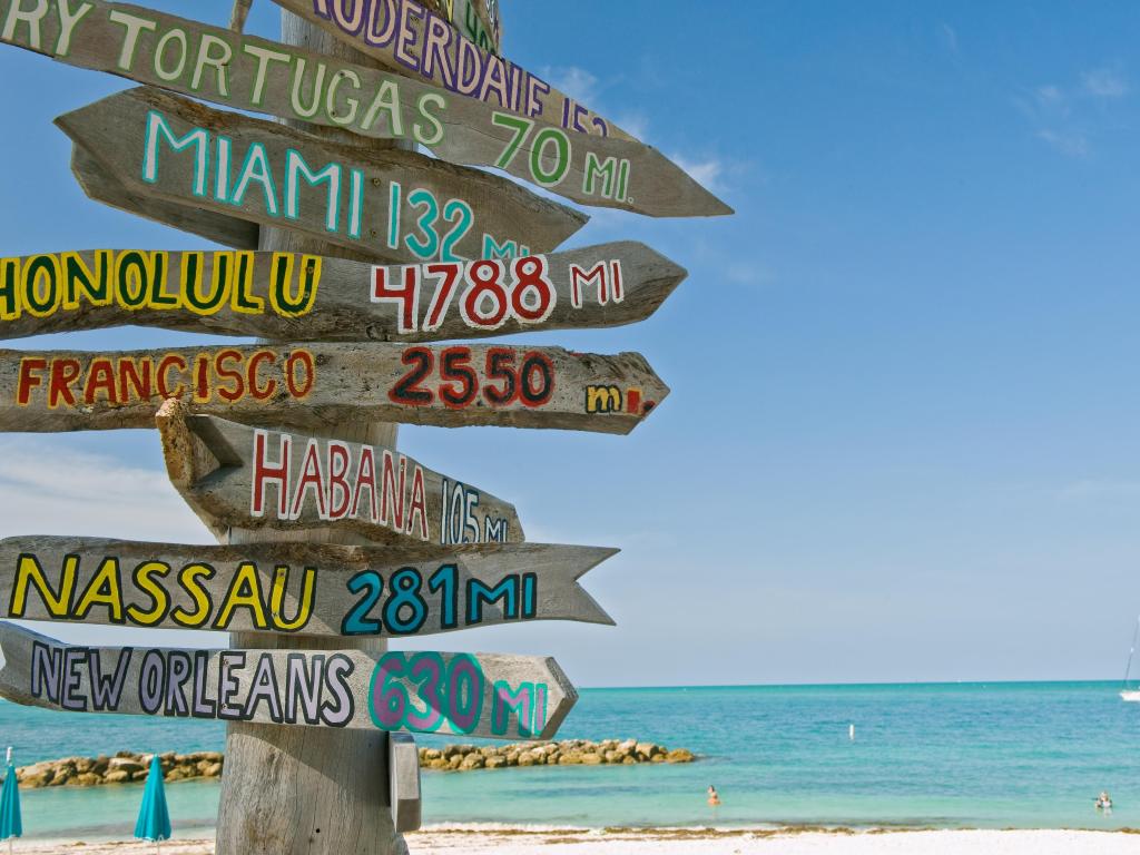 Mileage Signpost on Key West Florida beach