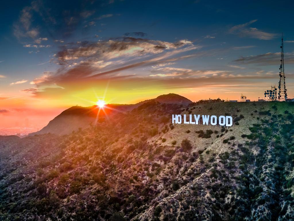 Aerial view of the View of the Hollywood Sign, Los Angeles, California at sunset