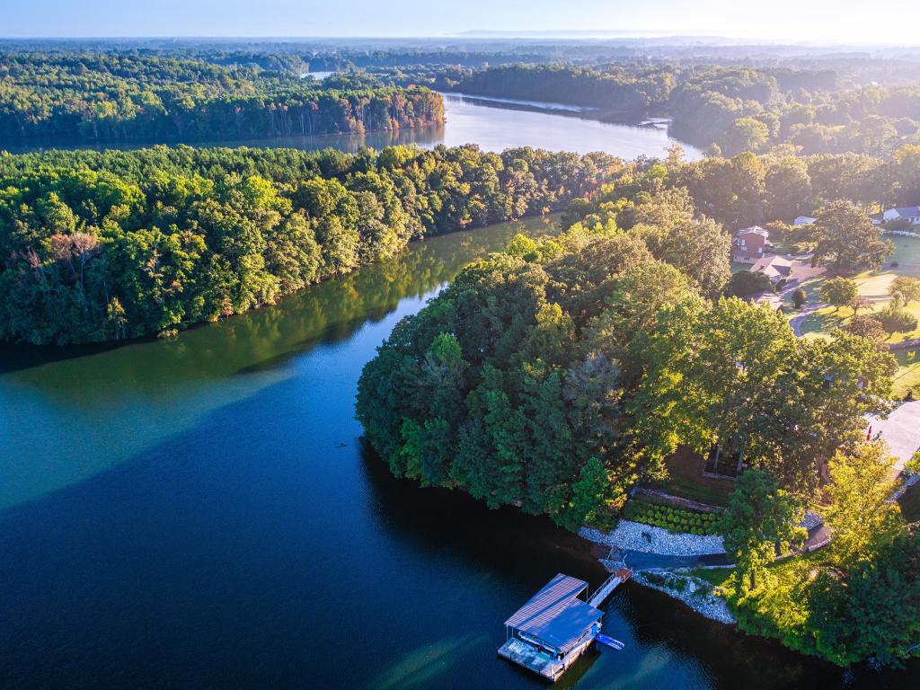 Aerial view of a foggy morning sunrise over Tims Ford Lake in Tennessee