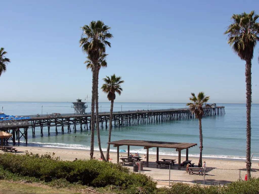 San Clemente Pier stretching out into the sea off the California coast with a palm tree lined beach.