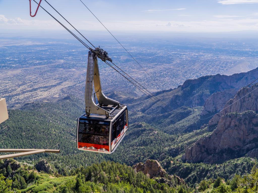 Albuquerque, NM, USA taken at the Sandia Peak Tramway and the landscapes of ABQ on a sunny day with mountain views at the town in the distance.