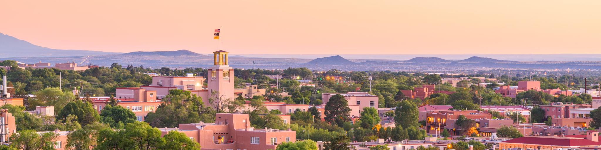 Santa Fe, New Mexico, USA downtown skyline at dusk.