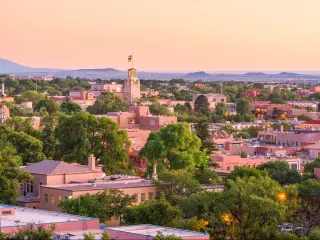 Santa Fe, New Mexico, USA downtown skyline at dusk.