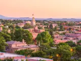Santa Fe, New Mexico, USA downtown skyline at dusk.
