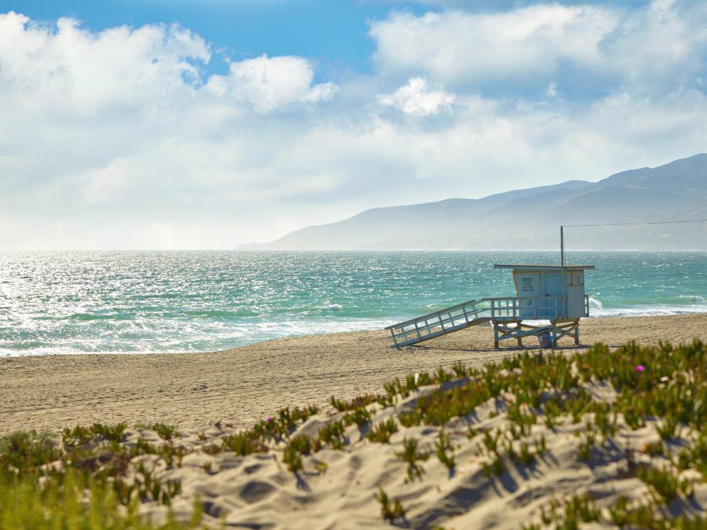 Lifeguard hut on a pristine beach in Malibu, California