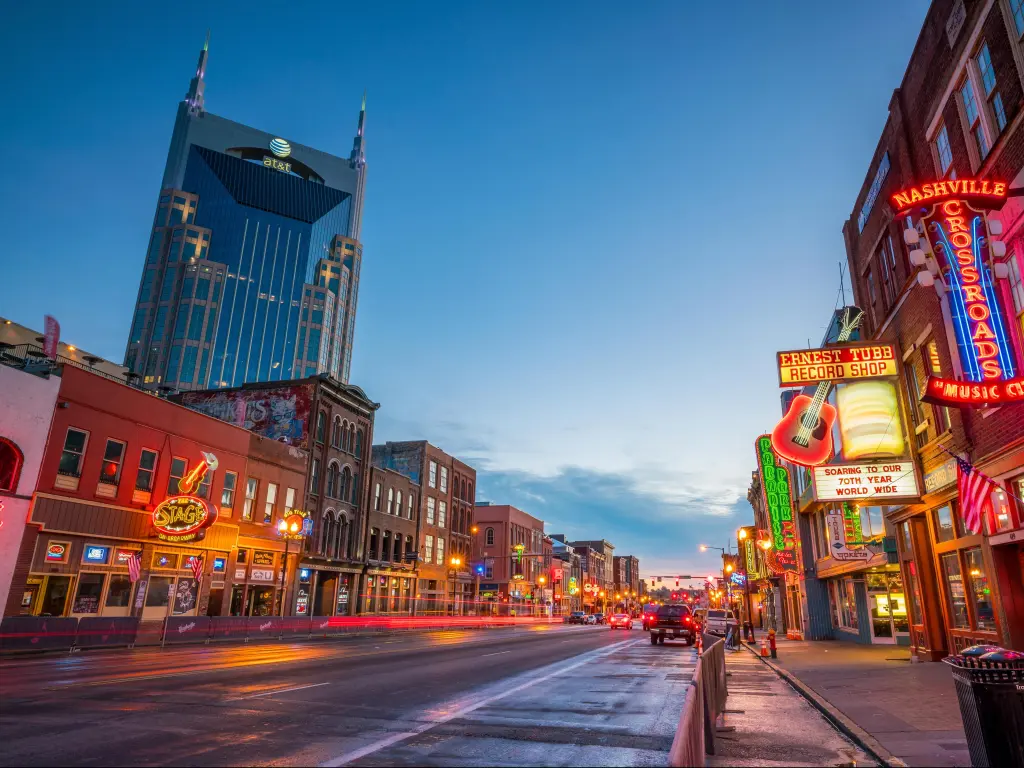 Nashville, Tennessee, USA with neon signs on Lower Broadway Area.