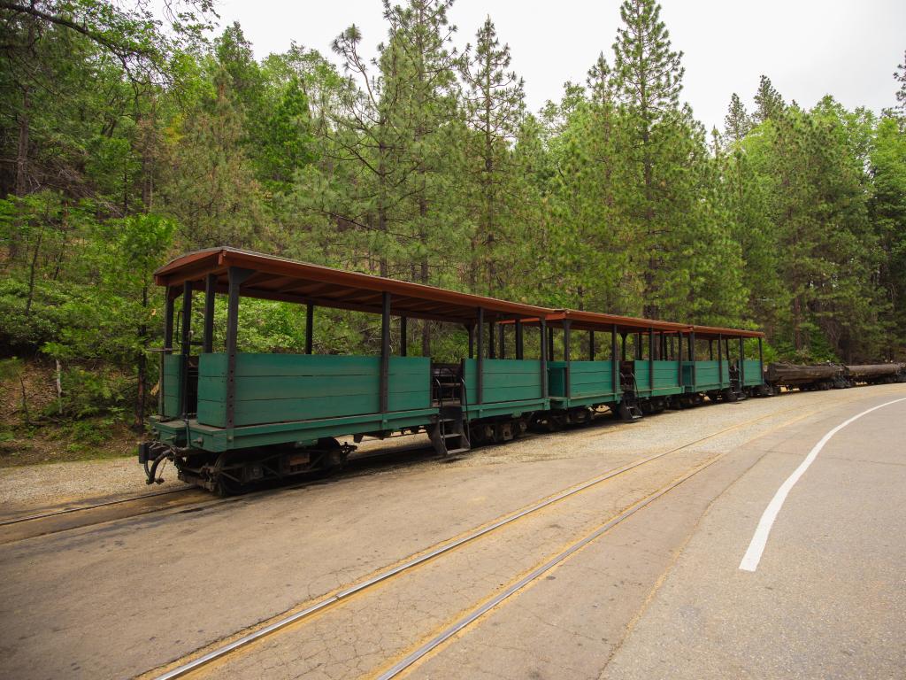 Old train carriages along the Yosemite Mountain Sugar Pine Railroad