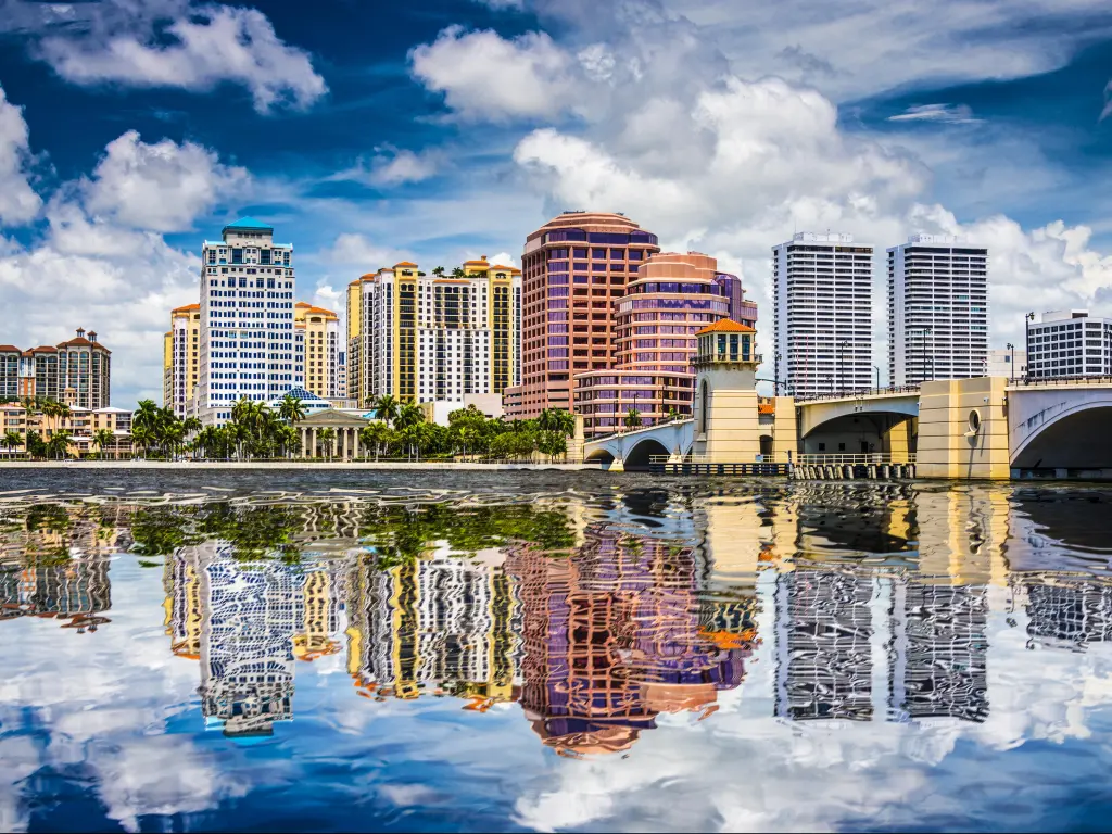 West Palm Beach, Florida, USA downtown over the intracoastal waterway on a sunny and cloudy day.