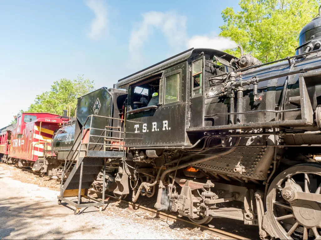 The steam engine of a train that is part of the Texas State Railroad in Palestine, Texas
