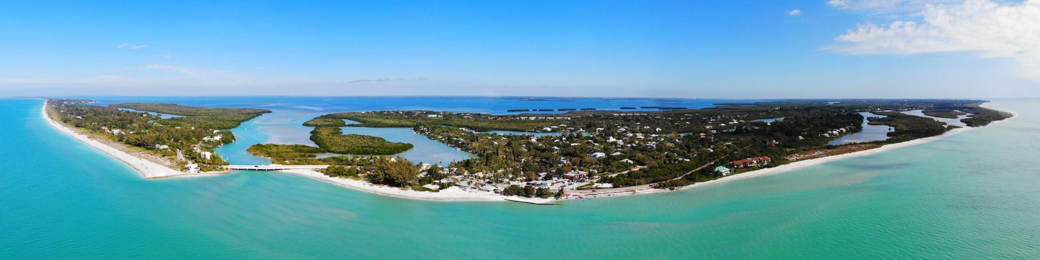 Aerial landscape view of Captiva Island and Sanibel Island in Lee County, Florida, United States