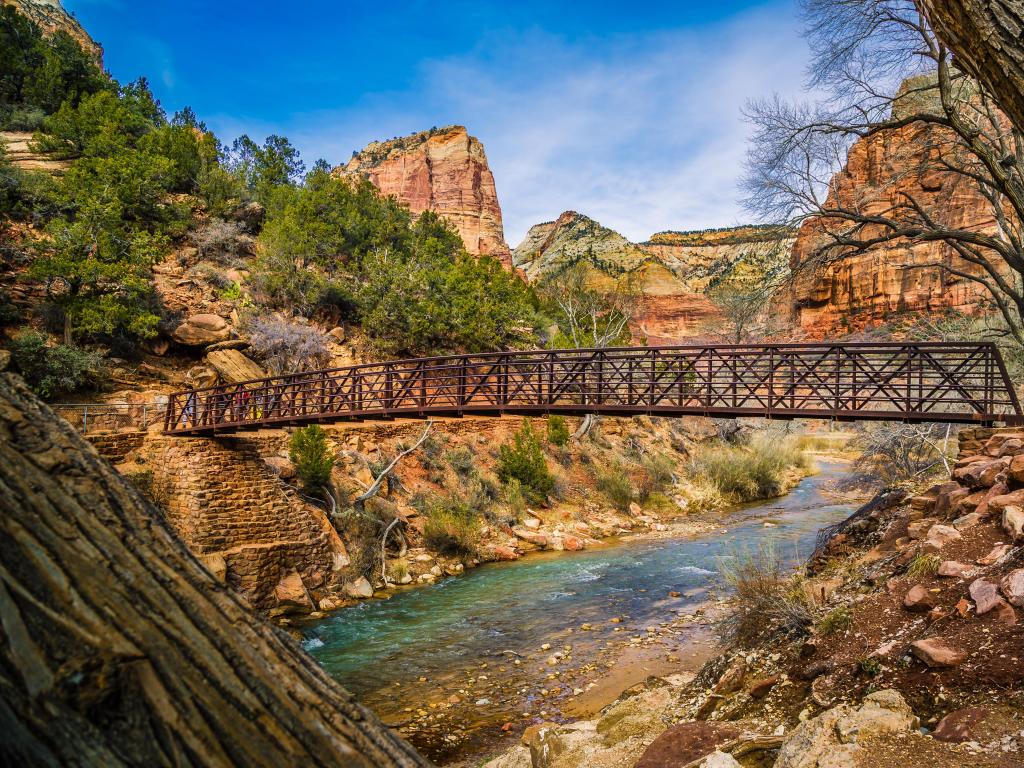 Wooden bridge and scenery in Zion National Park during winter.