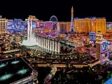 Panoramic view of the Strip with all the attractions lit up in neon colors at night