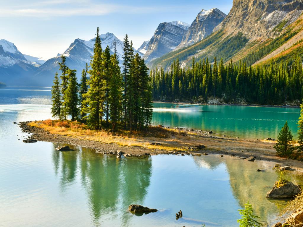 Panoramic view of Spirit Island, Maligne Lake in Jasper National Park, Canada.