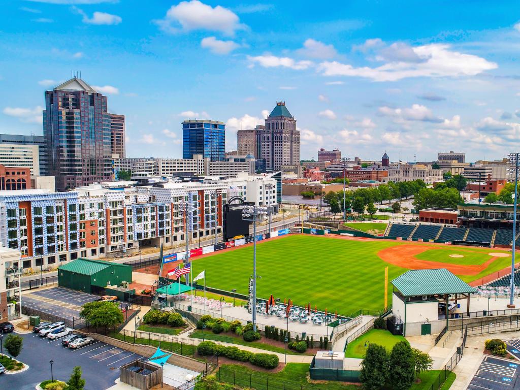 Drone Aerial of Downtown Greensboro North Carolina and NC Skyline