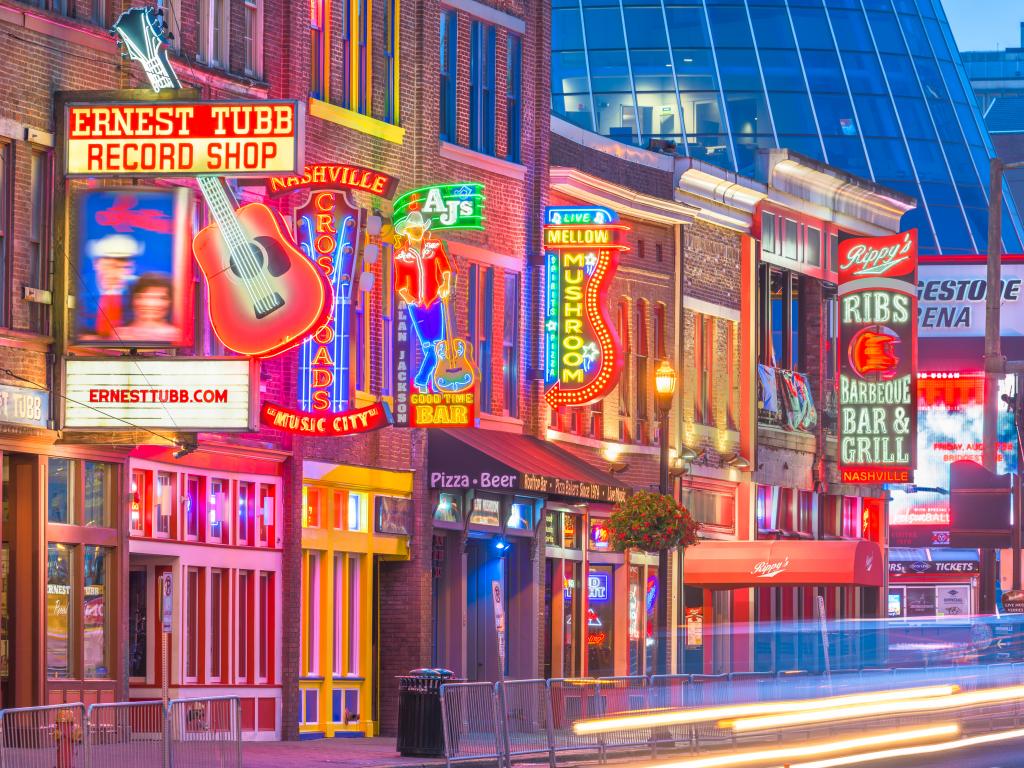 Country music bars along the Honky Tonk Highway on Lower Broadway in Nashville