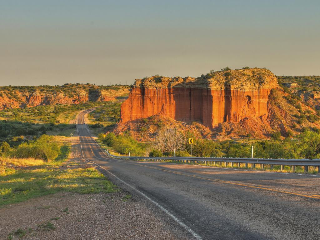 Texas Highway 207 winds its way through Palo Duro Canyon in the Texas Panhandle near Amarillo