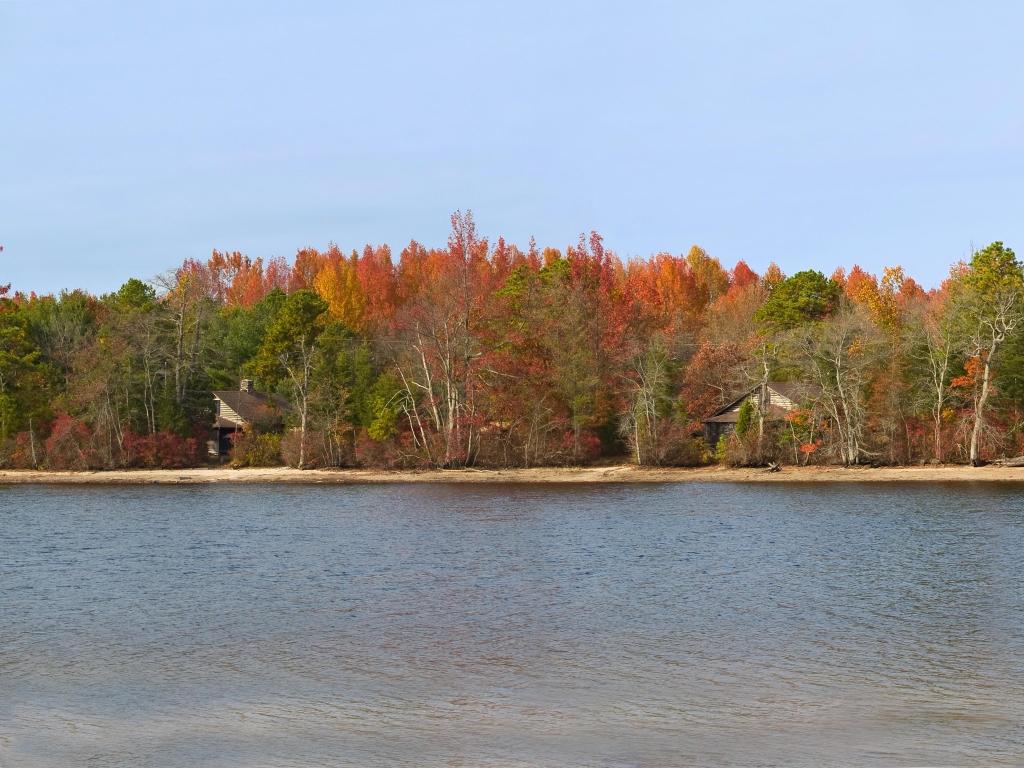 A wide panorama Autumn scene on Atsion Lake in the Pine Barrens of New Jersey