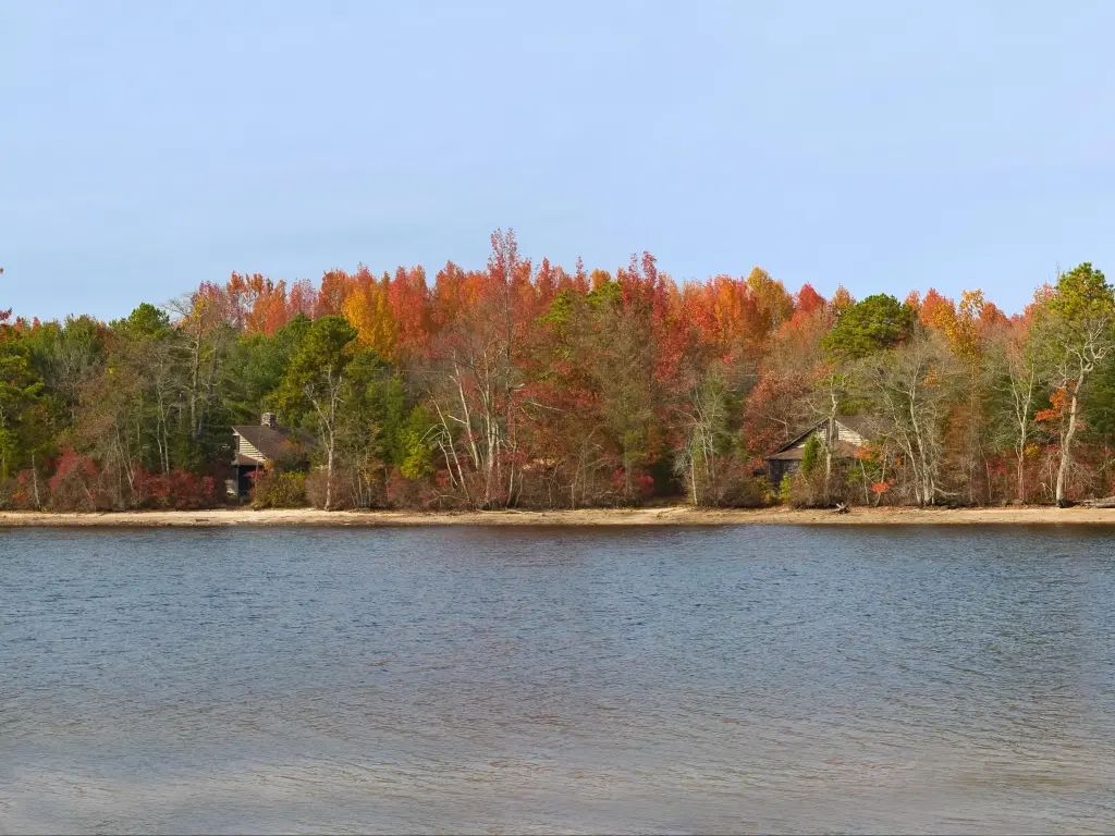 A wide panorama Autumn scene on Atsion Lake in the Pine Barrens of New Jersey