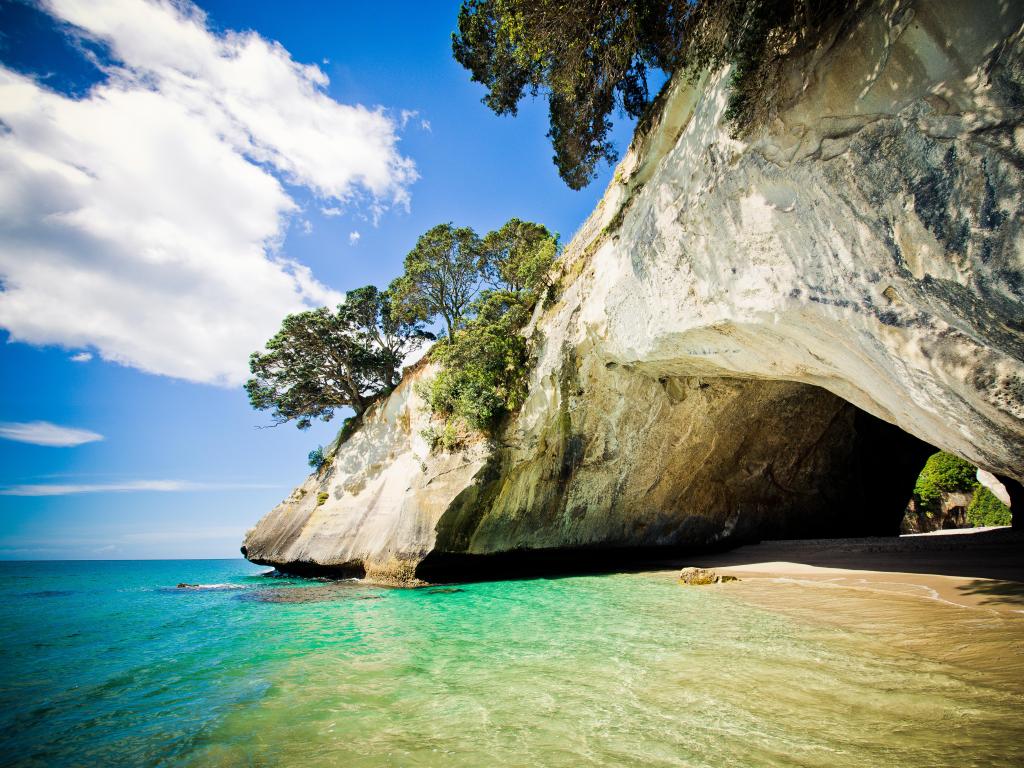 Cathedral Cove, Coromandel Peninsula in New Zealand with turquoise water and a cave over soft golden sand.