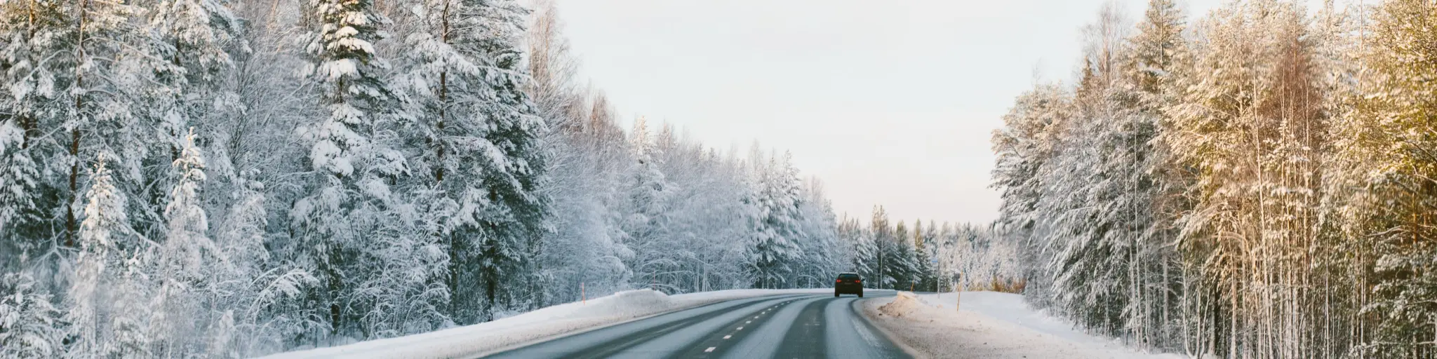 A car driving down the right side of a road surrounded by snowy trees