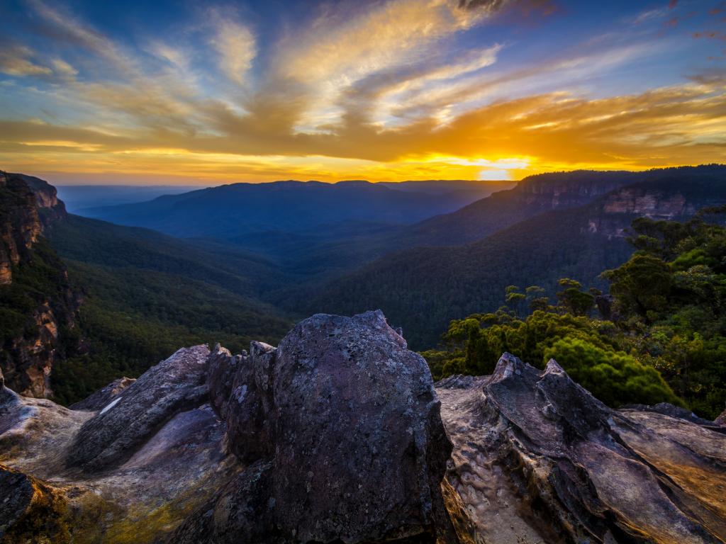 Mountains and forests of the Blue Mountains National Park in Australia's New South Wales at Sunset