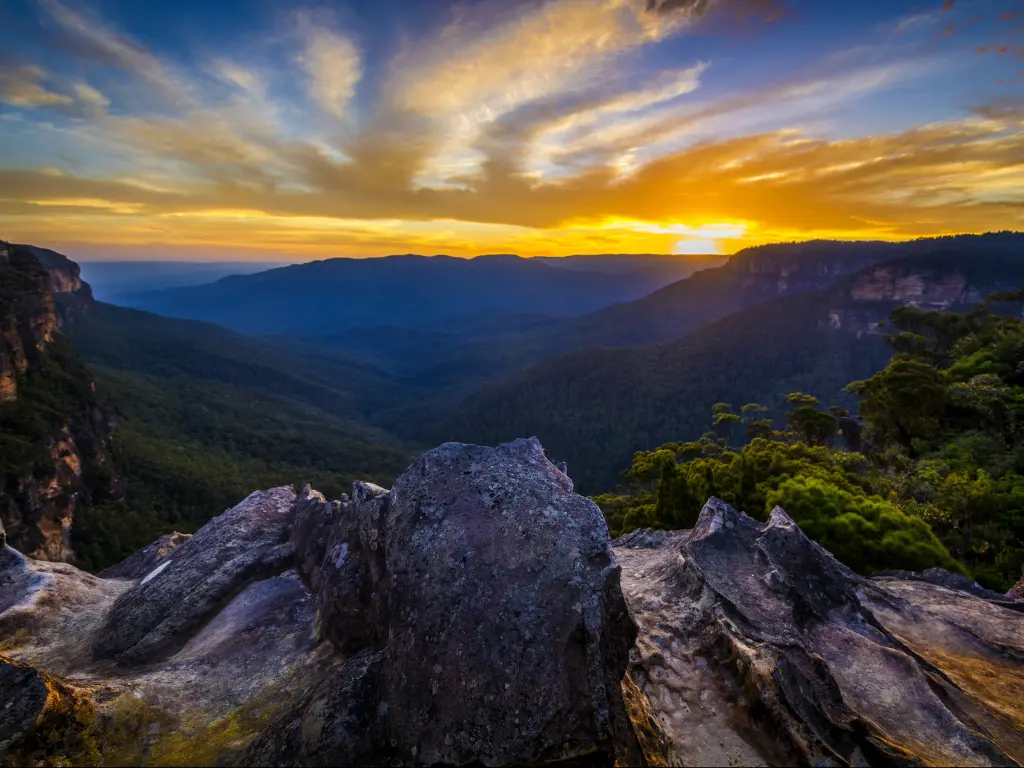 Mountains and forests of the Blue Mountains National Park in Australia's New South Wales at Sunset