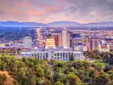 Salt Lake City, Utah, USA downtown city skyline at dusk.