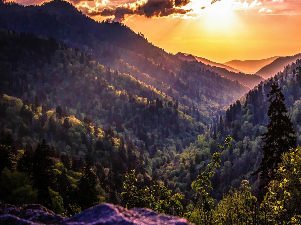 Great Smoky Mountains, Tennessee, USA taken at sunset with the horizon over the Great Smoky Mountains from Morton overlook on the Newfound Gap Road in Gatlinburg, Tennessee.