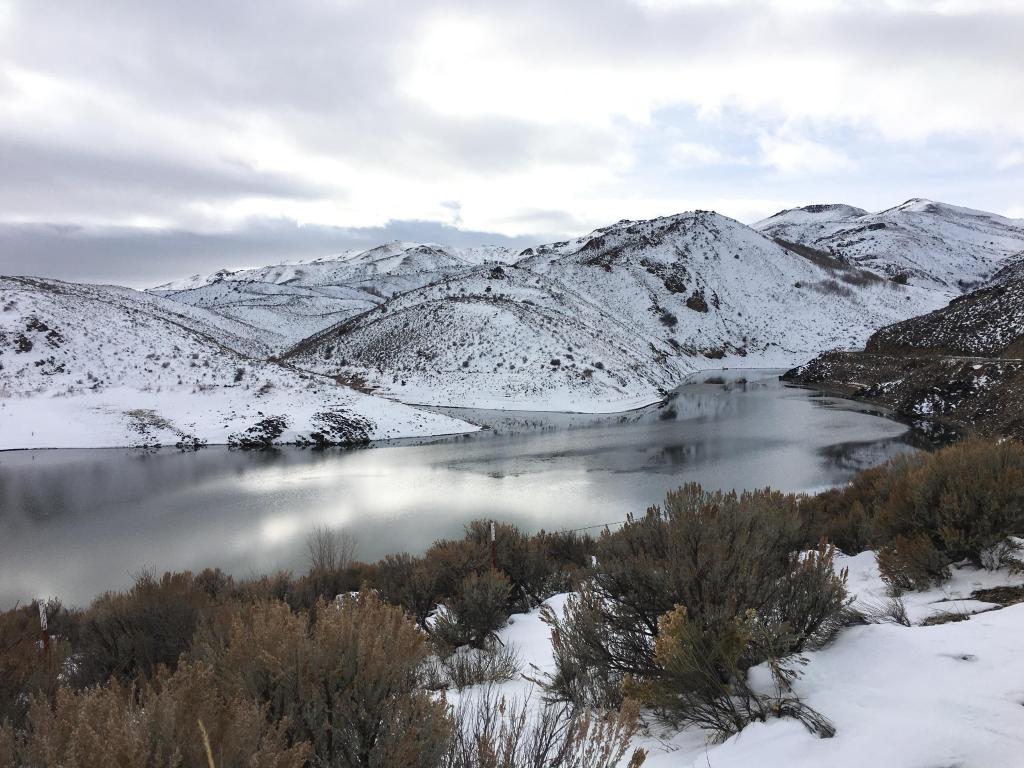 Snowy mountains in winter at Wild Horse Reservoir, Nevada 