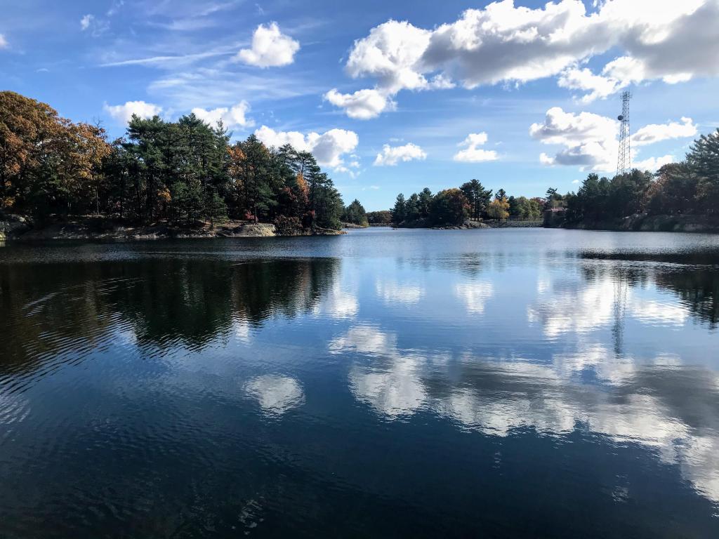 Fells Reservoir at Middlesex Fells Reservation on a bright clear day