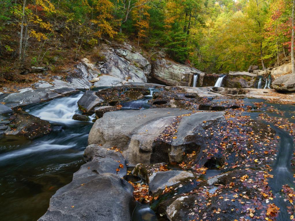 Cherokee National Forest. Appalachian Mountains, Tennessee, USA with the Tellico River and Tellico Plains in the foreground, little waterfalls and rapids and surrounded by fall trees with leaves fallen in the foreground.