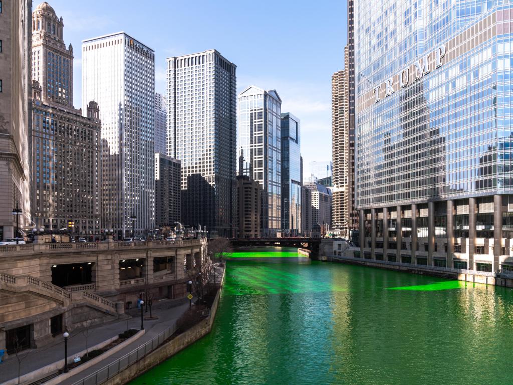 Downtown Chicago on St Patricks Day, with the river dyed green for the celebrations
