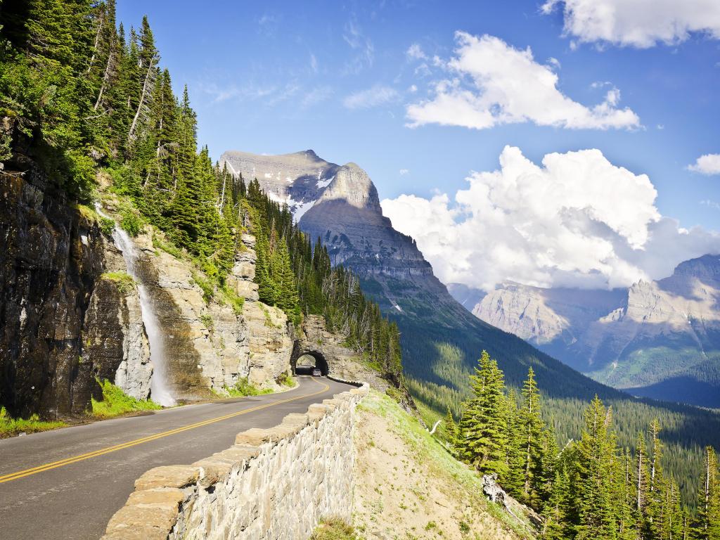 A view from Going to the Sun Road at Glacier National Park, with tunnels etched into hills and sweeping forest views below