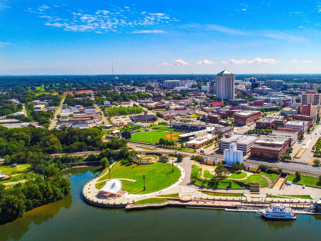 Montgomery, Alabama, USA taken as a drone aerial view of downtown Montgomery on a sunny day.