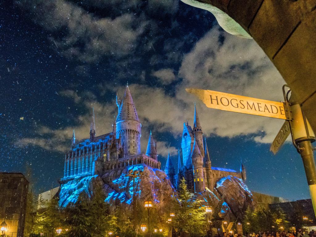 Night view of the replica of Hogwarts at the theme park in Los Angeles