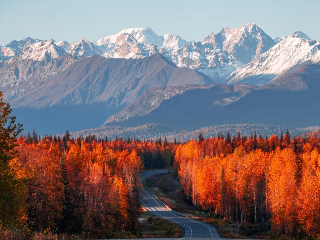 View of Denali, Mt Foraker and the Alaska range from the Parks Highway 