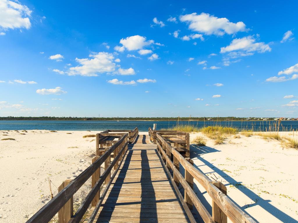Beautiful Perdido Beach in Pensacola, Florida. The photo depicts a pier on sand on a sunny day.