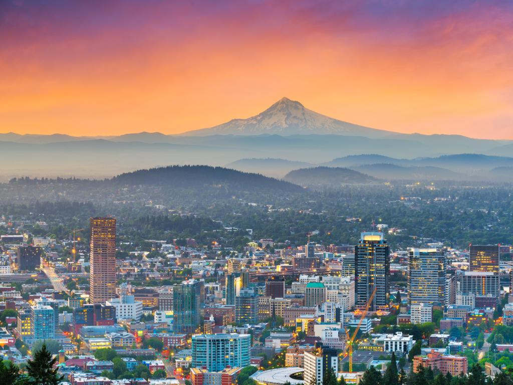 Portland, Oregon, USA downtown skyline with Mt. Hood in the background and taken at dawn.